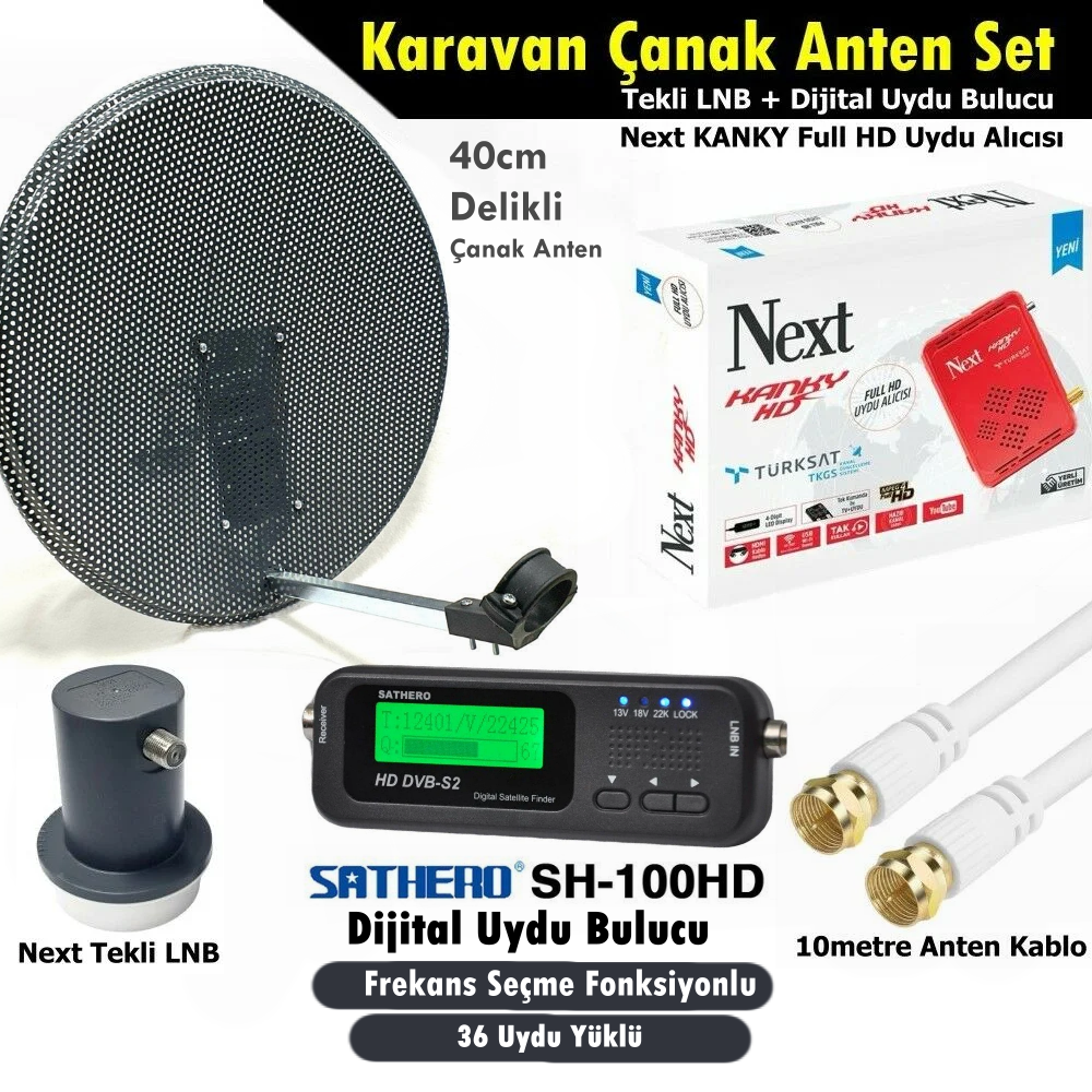 Antenci 40cm Delikli Karavan Çanak Anten Seti +Next HD Uydu Alıcısı +Sathero Uydu Bulucu
