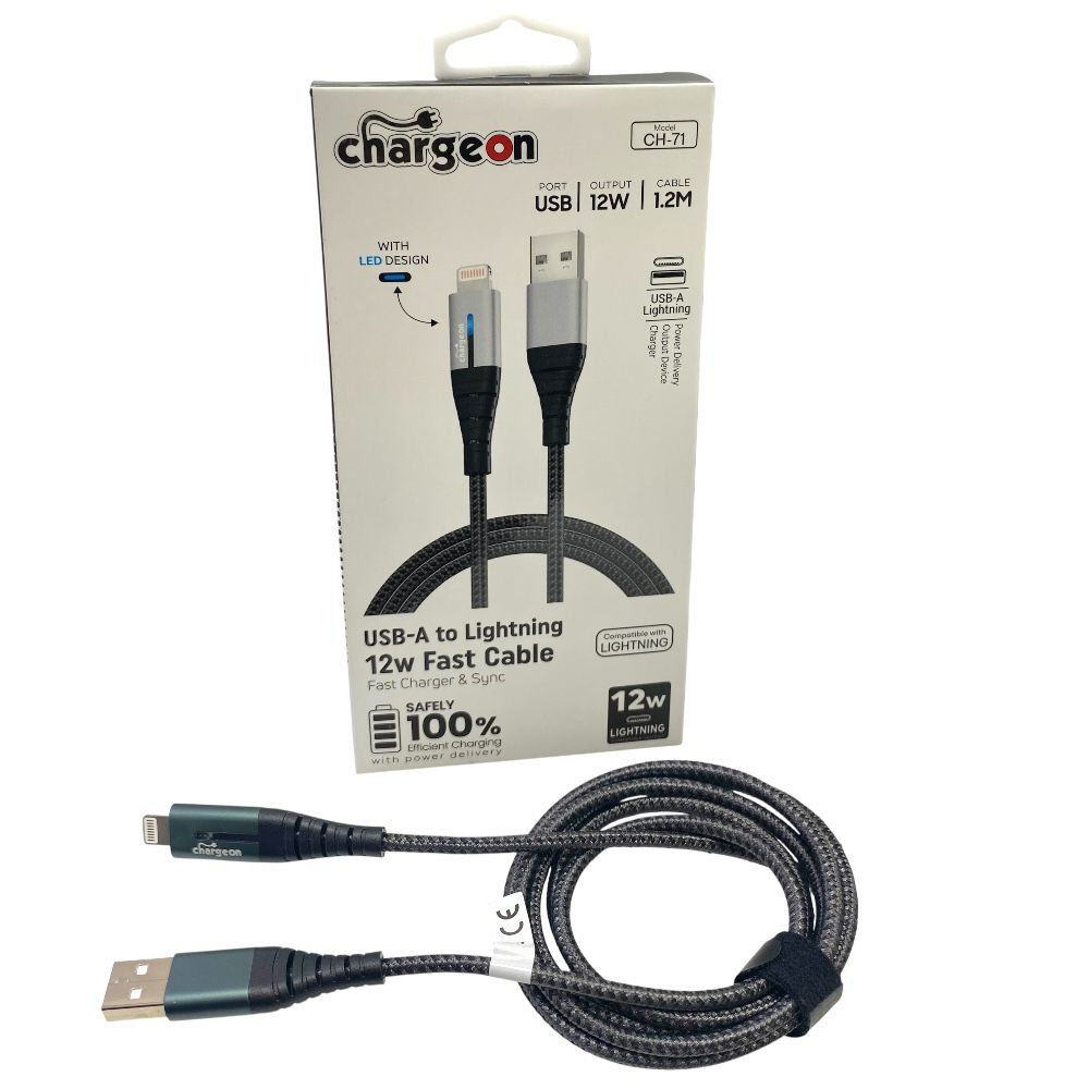 Chargeon CH-71 Lightning USB Örgülü Işıklı 12W Hızlı Şarj Kablosu 1.2mt
