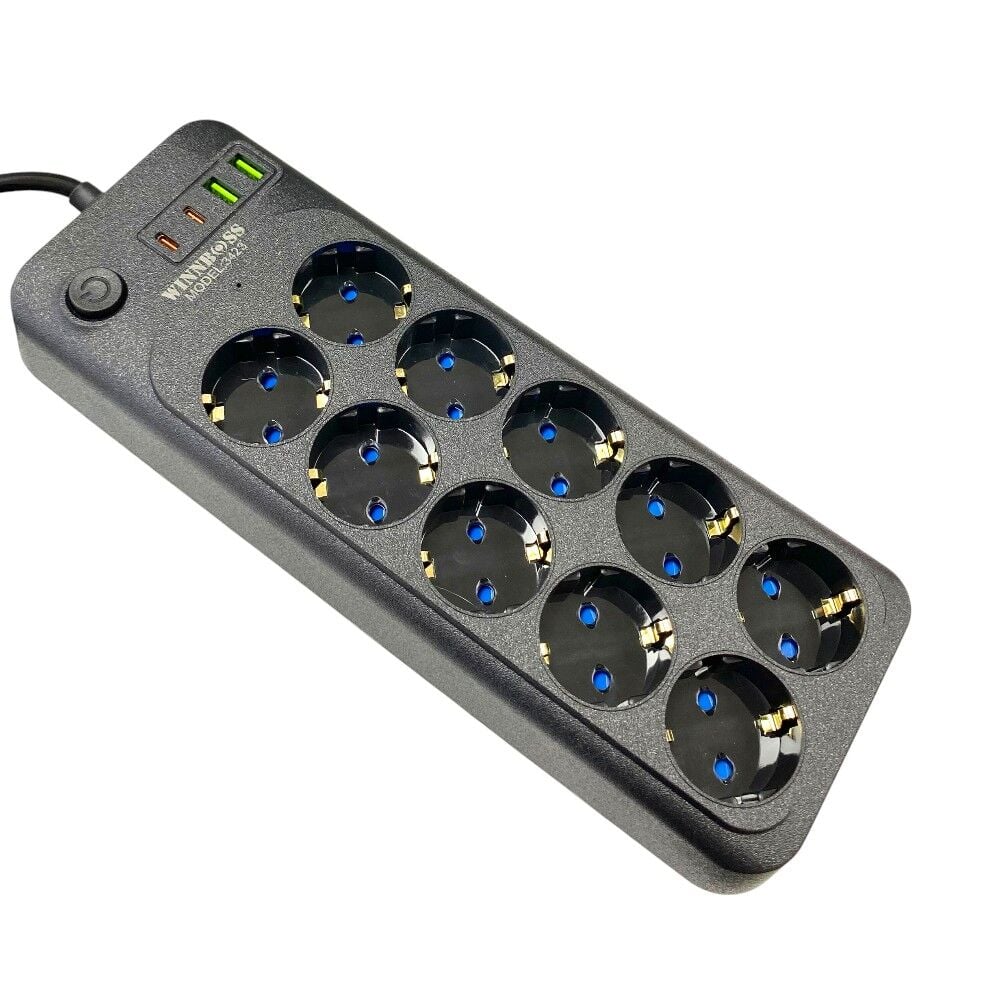 Winnboss 3423 10'lu 2Metre Kablolu 2USB+2TYPE-C Girişli Akım Korumalı Grup Priz