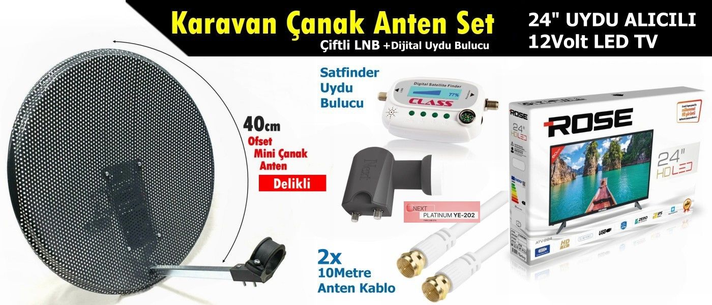 Antenci 40cm Delikli Karavan Çanak Anten Seti Çiftli LNB +24'' Uydu Alıcılı LED TV