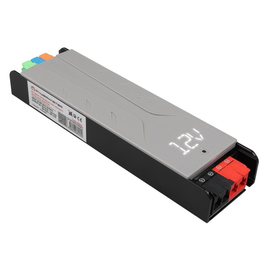 PowerMaster PM-26844 12/24/36/48Volt 8.4Amper 200Watt Metal Kasa Kademeli Adaptör Voltaj Göstergeli 189x51x27mm