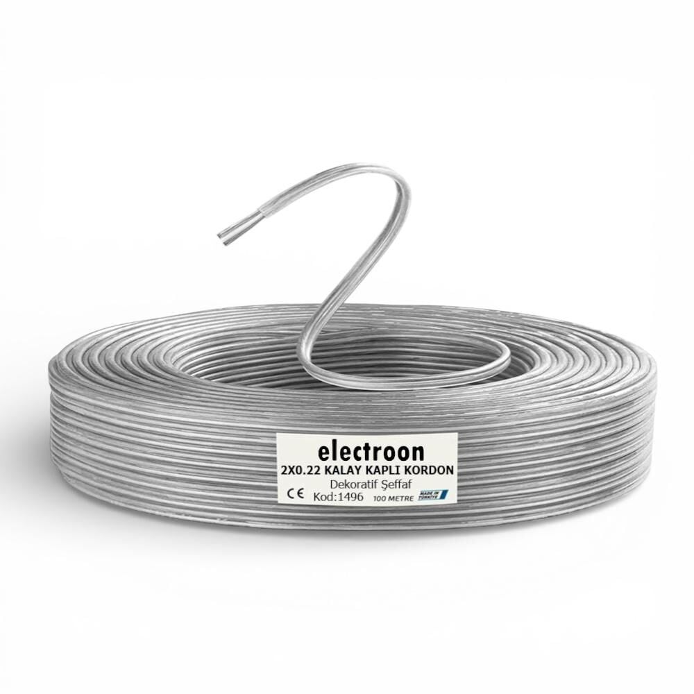 electroon 1496 2x0.22mm Çift Damar 7Telli Kalaylı Montaj Kablosu 100mt Şeffaf