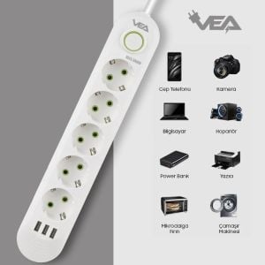 Vea VA-21562 5'li 3xUSB'li 1.5Metre Akım Korumalı Priz Beyaz