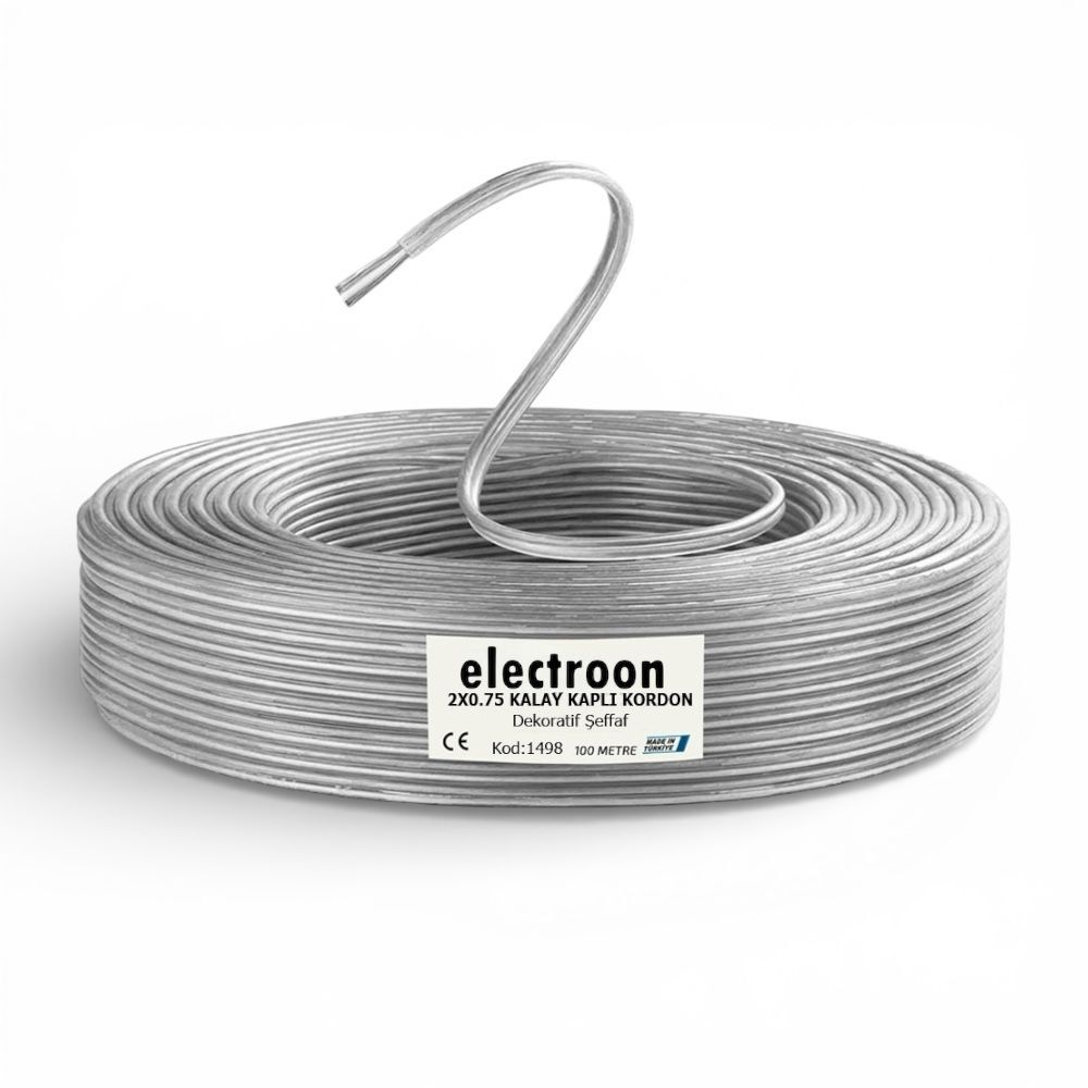 electroon 1498 2x0.75mm Çift Damar 15Telli Kalaylı Montaj Kablosu 100mt Şeffaf