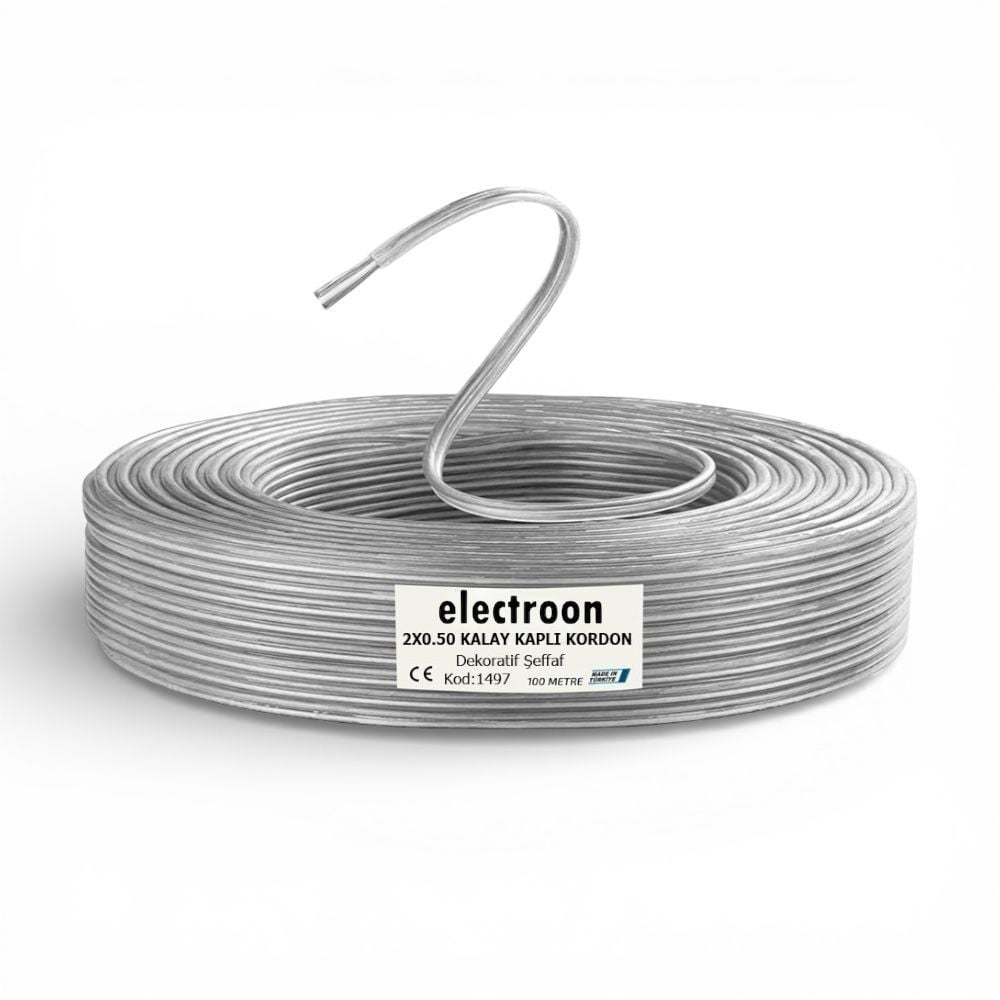 electroon 1497 2x0.50mm Çift Damar 14Telli Kalaylı Montaj Kablosu 100mt Şeffaf
