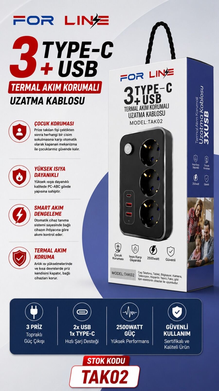 ForLine 3 Soketli Type-C + 2 USB Girişli 2Metre Kablolu Akım Korumalı Grup Priz