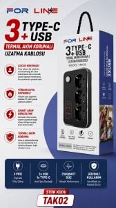 ForLine 3 Soketli Type-C + 2 USB Girişli 2Metre Kablolu Akım Korumalı Grup Priz
