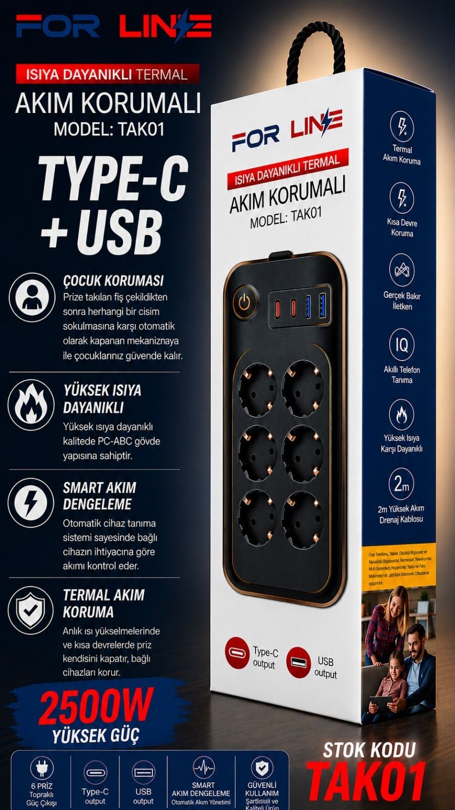 ForLine 6 Soketli 2 Type-C + 2 USB Girişli 2Metre Kablolu Akım Korumalı Grup Priz