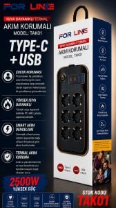 ForLine 6 Soketli 2 Type-C + 2 USB Girişli 2Metre Kablolu Akım Korumalı Grup Priz