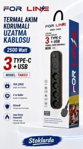 ForLine 4 Soketli Type-C + 2 USB Girişli 2Metre Kablolu Akım Korumalı Grup Priz