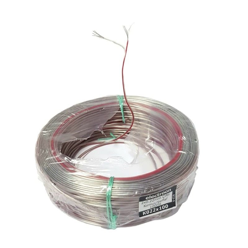 Electroon 2x0.22mm Çift Damar 7Telli Kalaylı Montaj Kablosu 100mt Şeffaf-Kırmızı Çizgili
