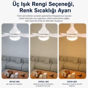 electroon Kumandalı 3 Hız Kademeli E27 Duy 2000 Lümen 3 Renk Işıklı Ledli Tavan Fan Vantilatör