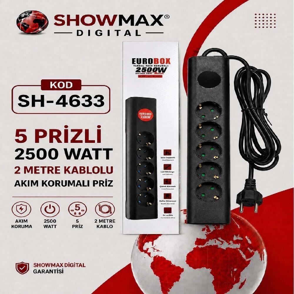 Eurobox SH-4633 5'li 2Metre Kablolu Akım Korumalı Grup Priz
