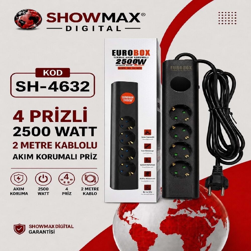 Eurobox SH-4632 4'lü 2Metre Kablolu Akım Korumalı Grup Priz