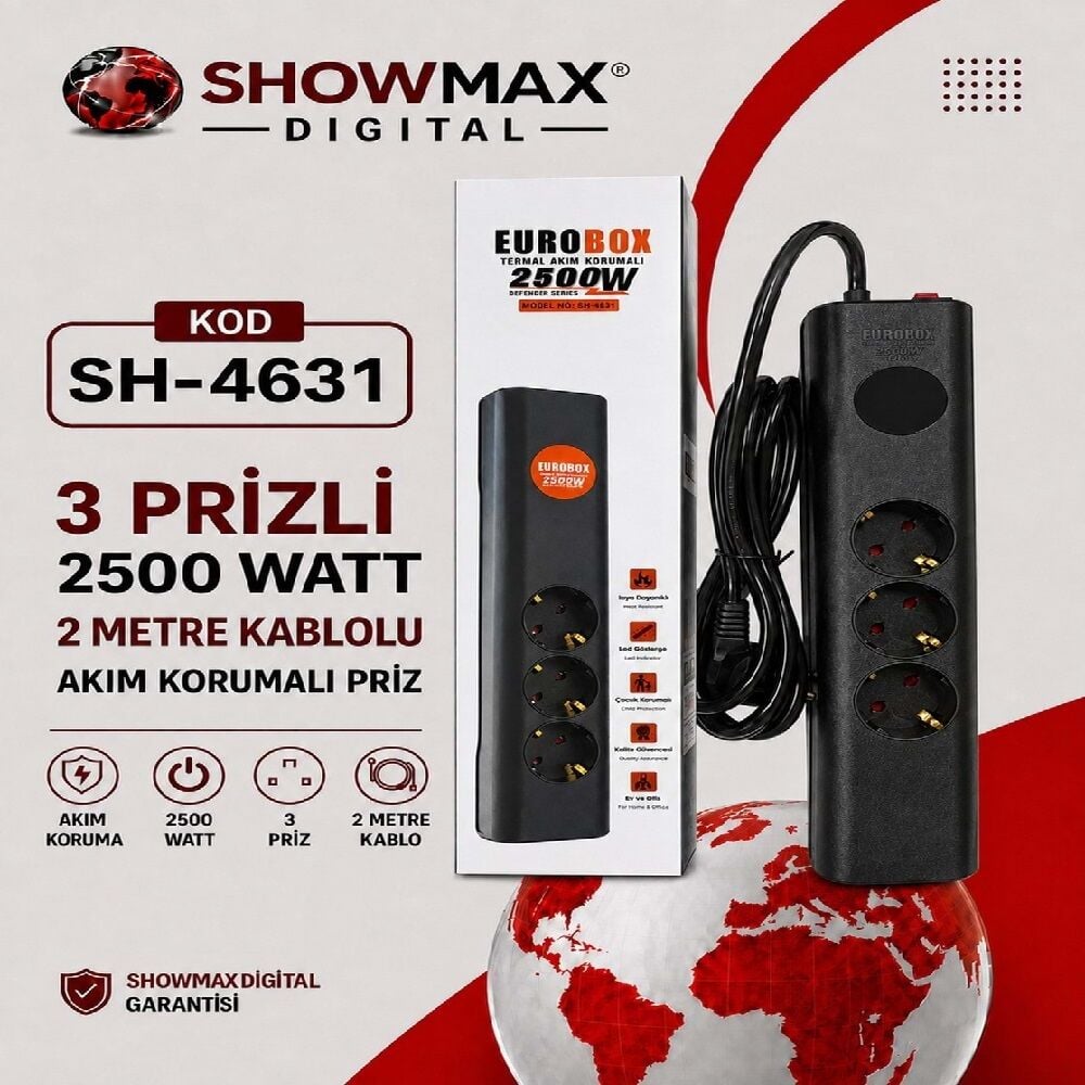 Eurobox SH-4631 3'lü 2Metre Kablolu Akım Korumalı Grup Priz