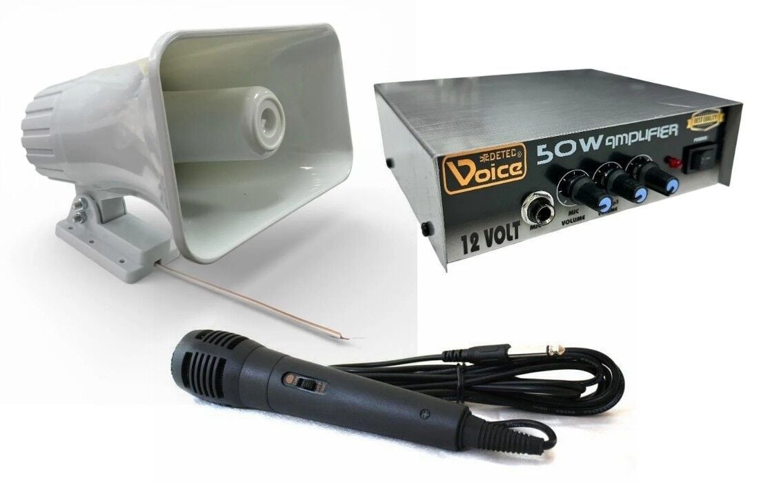 electroon Pazarcı Ses Sistemi Takım Set 12V Amfi+50W Horn Hoparlör+Mikrofon