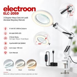electroon ELC-2059 3 Diopter Masa Üstü 64 Ledli Akrobat Büyüteç Mercek