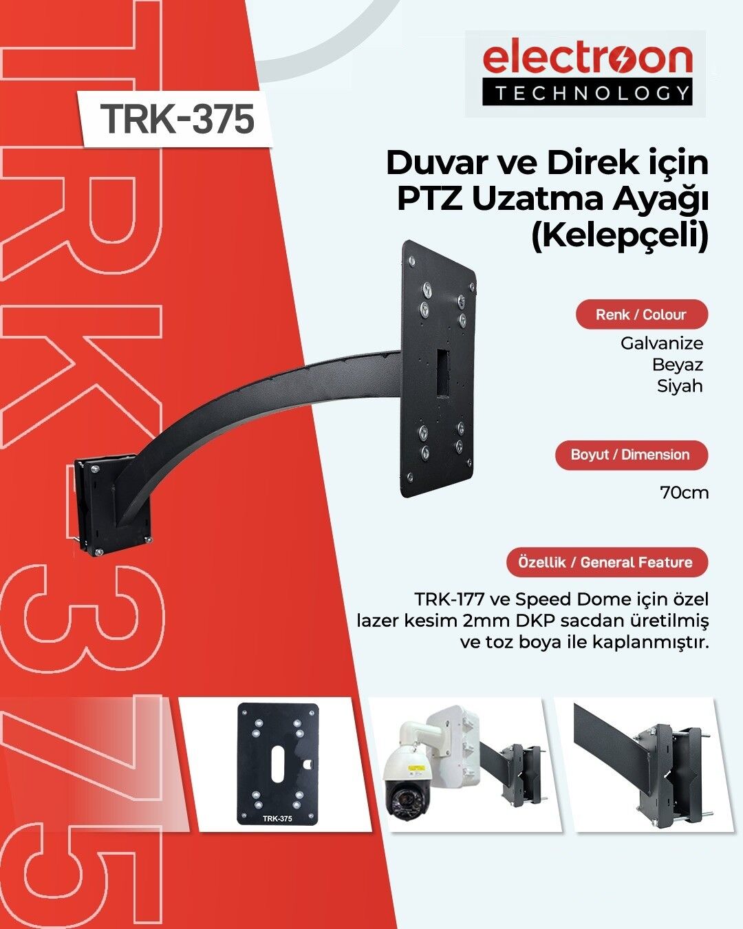 electroon TRK-375 70cm PTZ Kamera Duvar-Direk Metal Uzatma Ayağı