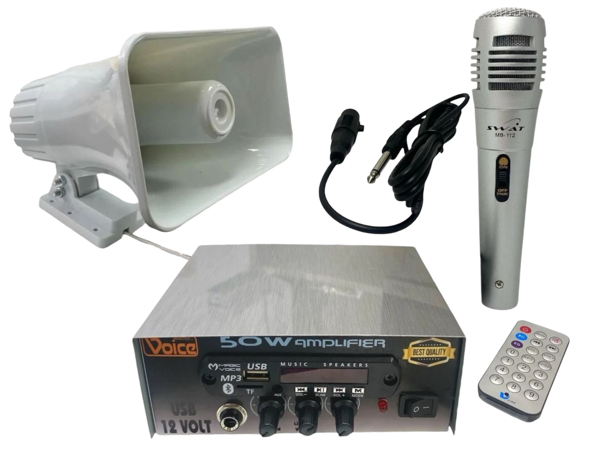 electroon Pazarcı Ses Sistemi Takım Set 12V USB Amfi+50W Horn Hoparlör+Mikrofon