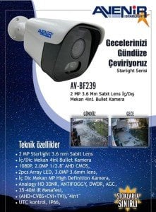 Avenir 2MP Gece Renkli Bullet AHD Kamera AV-BF239