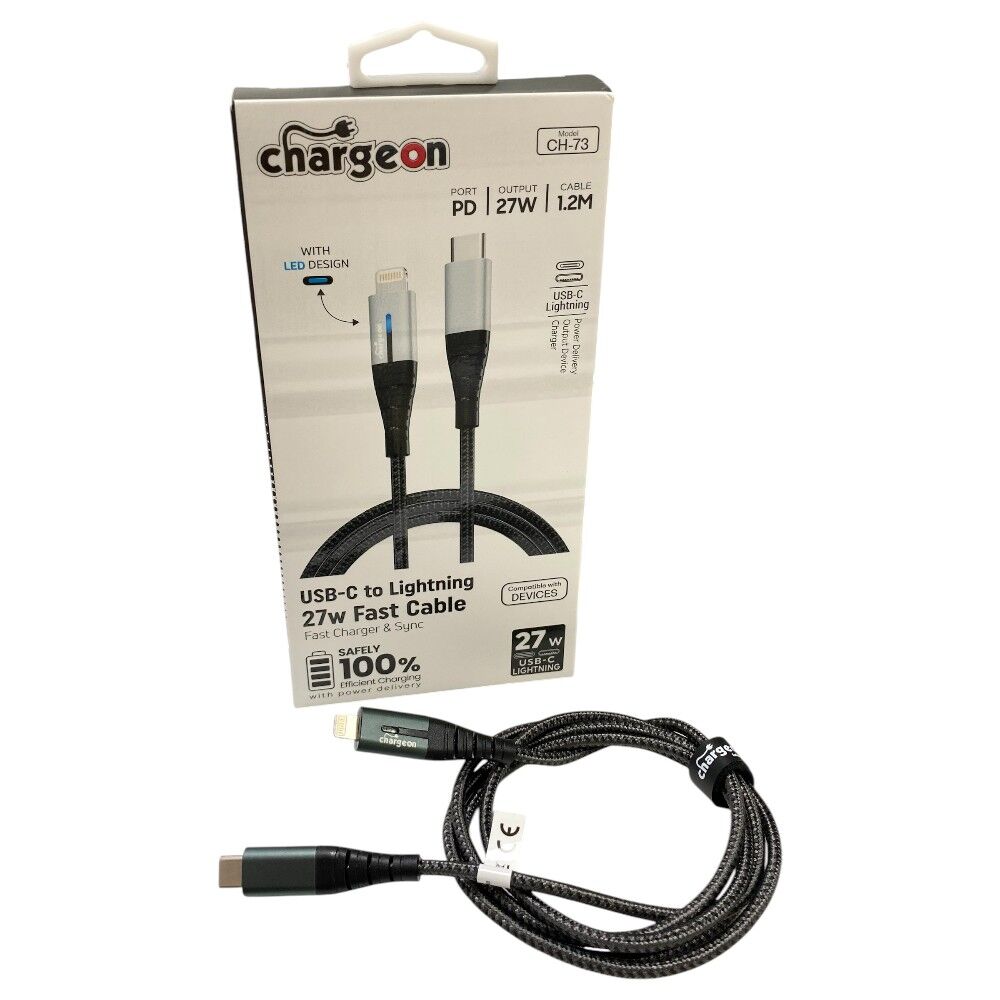Chargeon CH-73 Type-C to Lightning Örgülü Işıklı 27W Hızlı Şarj Kablosu 1.2mt