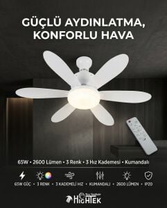 Hightek HT-0841-40 Kumandalı 3 Hız Kademeli Tavan Fan Vantilatör E27 Duy 3 Renk Işıklı Ledli