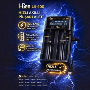 I-Gen Lii-400 2li Li-ion & Ni-Mh Akıllı Pil Şarj Cihazı Type-C Girişli LCD Ekranlı