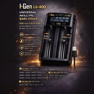 I-Gen Lii-400 2li Li-ion & Ni-Mh Akıllı Pil Şarj Cihazı Type-C Girişli LCD Ekranlı