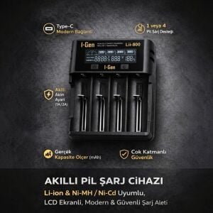 I-Gen Lii-800 Akıllı Type-C Girişli LCD Ekranlı 4Lü Li-Ion/Ni-Mh Uyumlu Pil Şarj Aleti