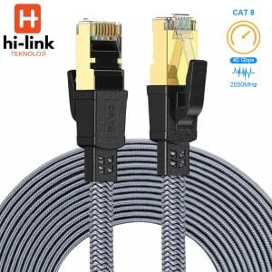 hi-link 20Metre Flat Örgülü Cat8 Ethernet Kablo -  Yüksek Hızlı 40Gbps 2000MHZ