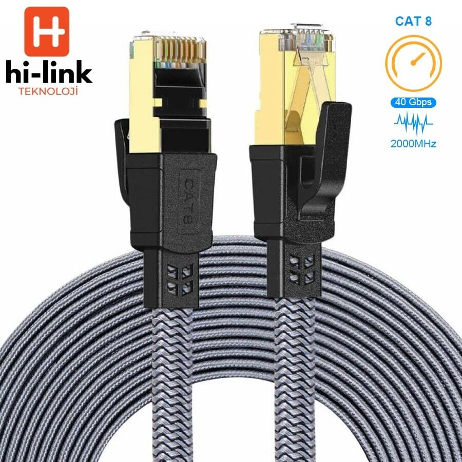 hi-link 2Metre Flat Örgülü Cat8 Ethernet Kablo -  Yüksek Hızlı 40Gbps 2000MHZ
