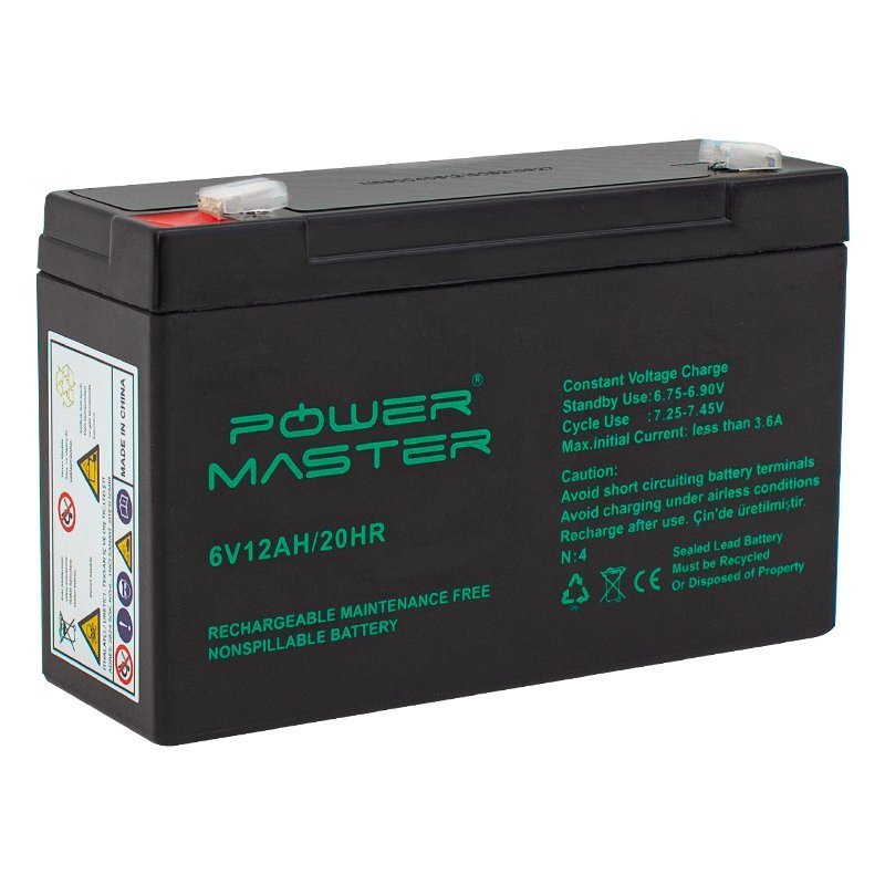 Powermaster 6Volt 12Amper Bakımsız Kuru Akü 150x50x94mm
