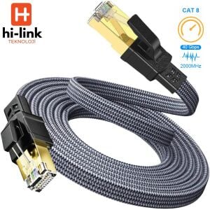 hi-link 1 Metre Flat Örgülü Cat8 Ethernet Kablo -  Yüksek Hızlı 40Gbps 2000MHZ