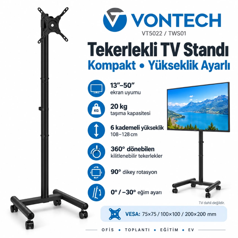 Vontech VT-5022 13-50'' Tekerlekli Ayaklı Hareketli TV Standı