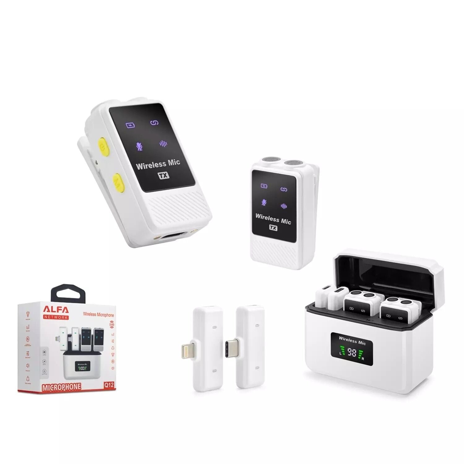 Hadron Q12 Type-C ve Lightning Kablosuz Çiftli Yaka Mikrofon Seti Dijital Ekranlı Şarj Kutulu