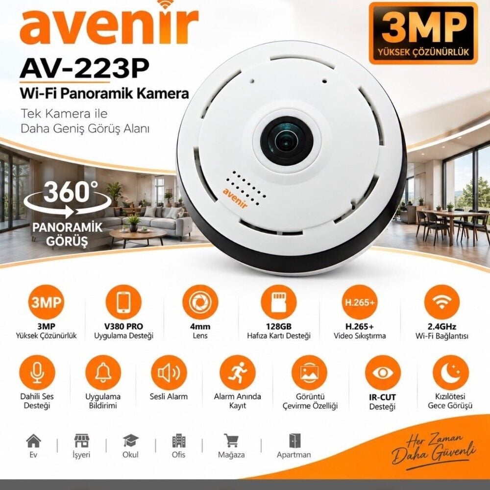 Avenir AV-S223P 3MP Panaromik Wifi Tavan Kamera