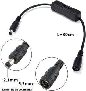 Electroon Anahtarlı Dişi Erkek Bağlantı Power Kablosu 5.5x2.1mm - Siyah