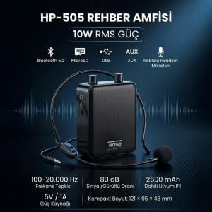 Rose NOVA HP-505K Taşınabilir Şarjlı Mini Rehber Amfisi Kablolu HeadSet Mikrofonlu