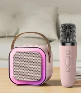 Rose K12 Taşınabilir Şarjlı Bluetooth Karaoke Mini Mikrofon ve Hoparlör Seti - Pembe