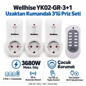 Wellhise YK02-GR-3+1 Uzaktan Kumandalı 3'Lü Priz Seti 3680W