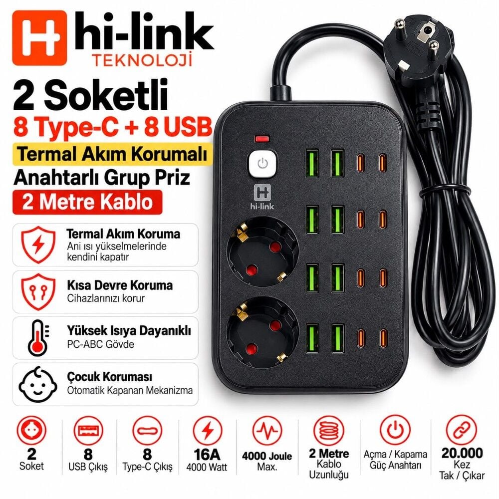 hi-link 2 Soketli 8xType-C +8xUSB 2 Metre Kablolu Termal Akım Korumalı Grup Priz