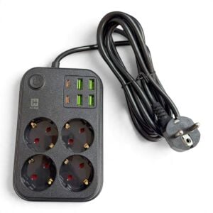 hi-link 4 Soketli 2xType-C +4xUSB Girişli 5 Metre Kablolu Akım Korumalı Priz