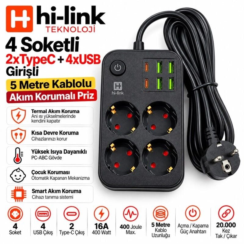 hi-link 4 Soketli 2xType-C +4xUSB Girişli 5 Metre Kablolu Akım Korumalı Priz