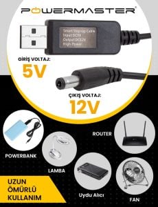 Powermaster 5V-12V USB To DC 5.5x2.5mm Kablo 12V 1A