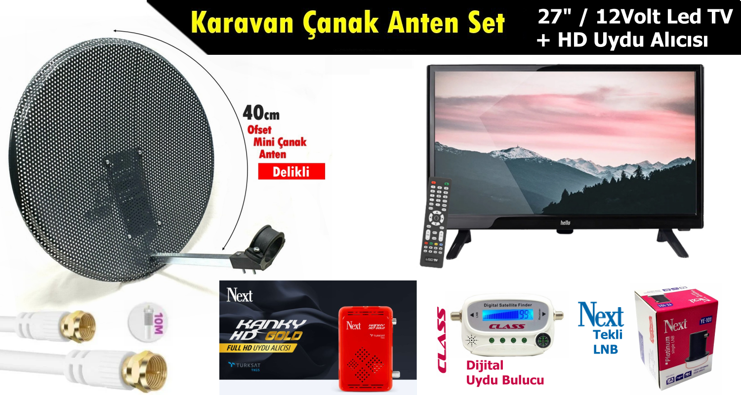 Antenci 40cm Delikli Karavan Çanak Anten Seti +27'' 12V LED TV +Uydu Alıcı