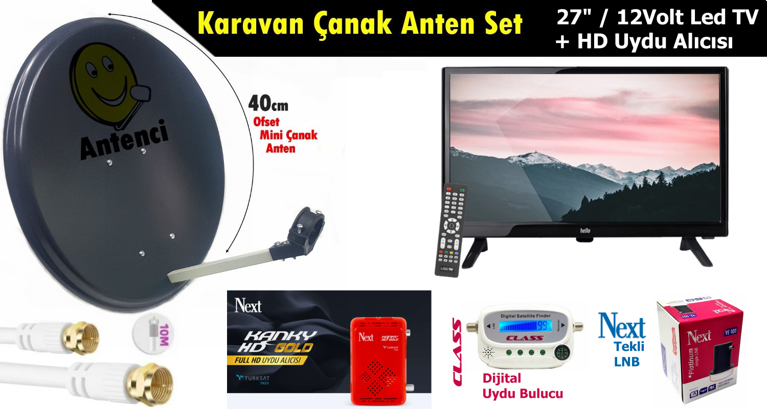 Antenci 40cm Karavan Çanak Anten Seti +27'' 12V LED TV +Uydu Alıcı