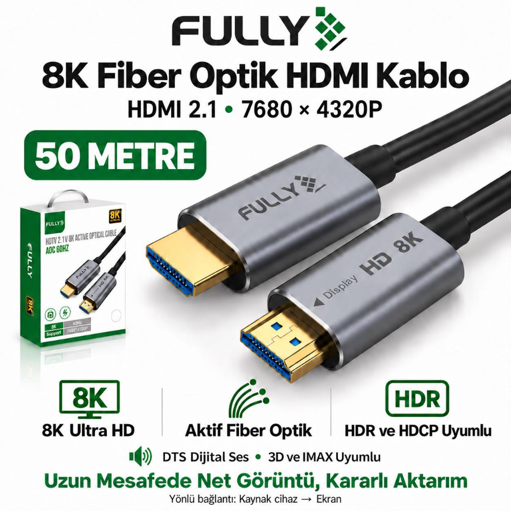 Fully 50Metre 8K 60Hz AOC Fiber Optik HDMI Kablo 2.1V 7680x4320