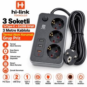 hi-link 3 Soketli 1xTypeC+2xUSB Girişli 3 Metre Kablolu Termal Akım Korumalı Grup Priz