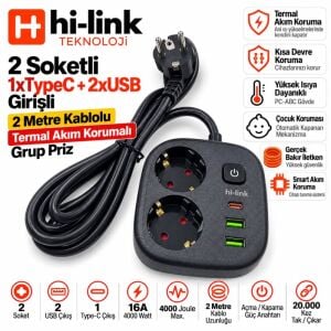 hi-link 2xSoketli 1xTypeC+2xUSB Girişli 2Metre Termal Akım Korumalı Grup Priz Siyah