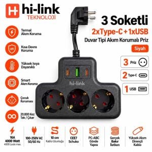 hi-link 3 Soketli 2xTypeC+1xUSB Girişli Termal Akım Korumalı Priz - Siyah